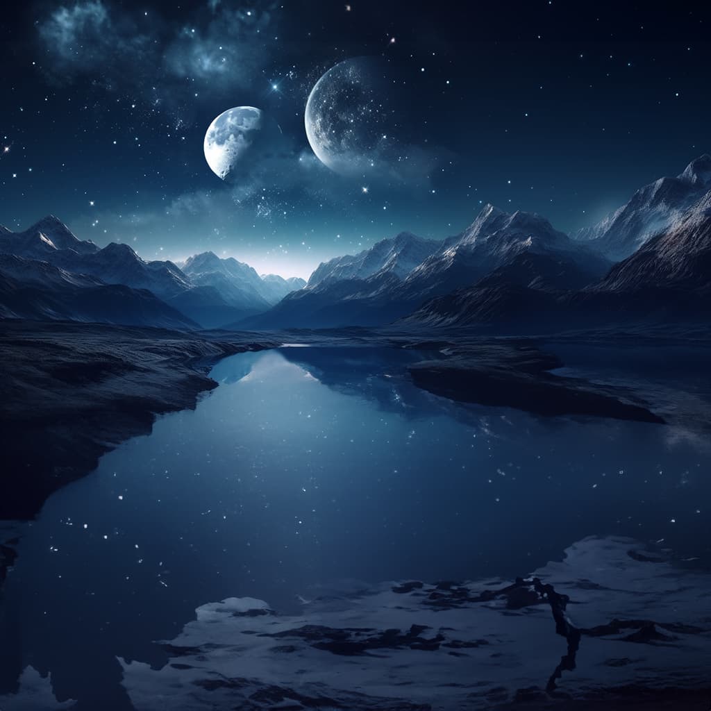 A vast night sky with two moons over a mountain lake