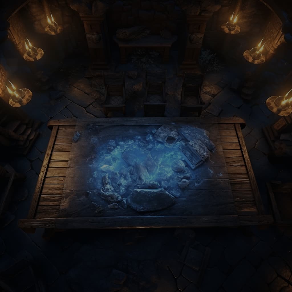 A medieval desk with glowing manuscripts and candles