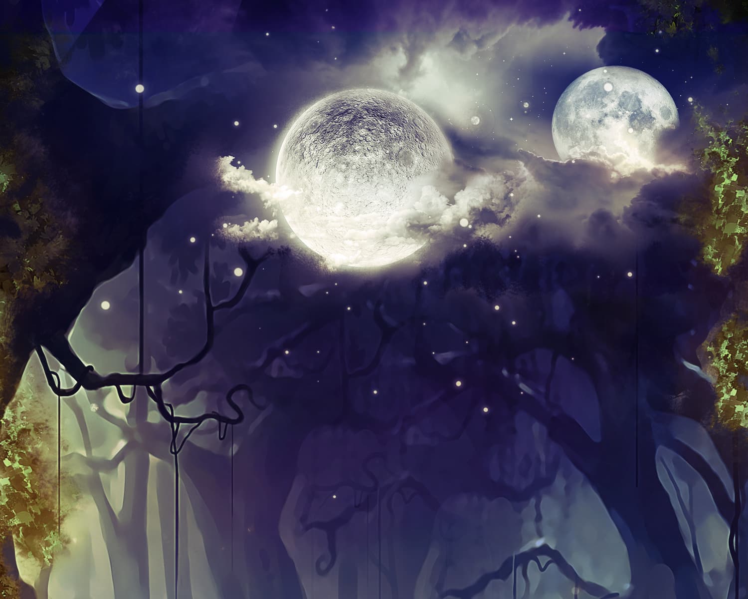 Two moons in a mystical forest sky