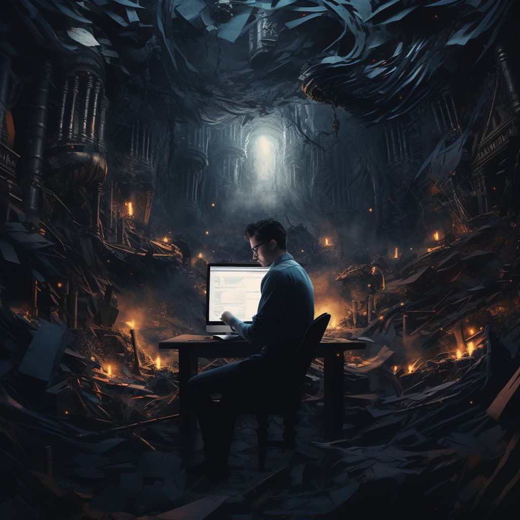 A writer surrounded by manuscripts and candlelight